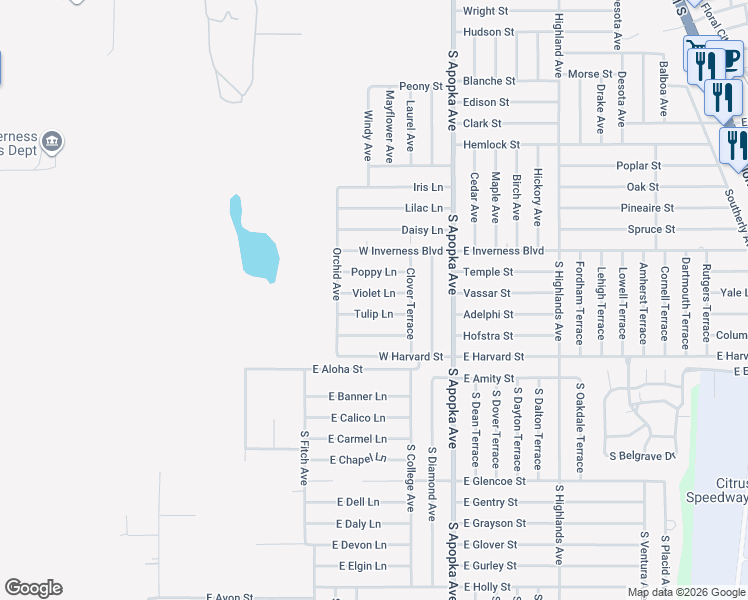 map of restaurants, bars, coffee shops, grocery stores, and more near 313 Violet Lane in Inverness