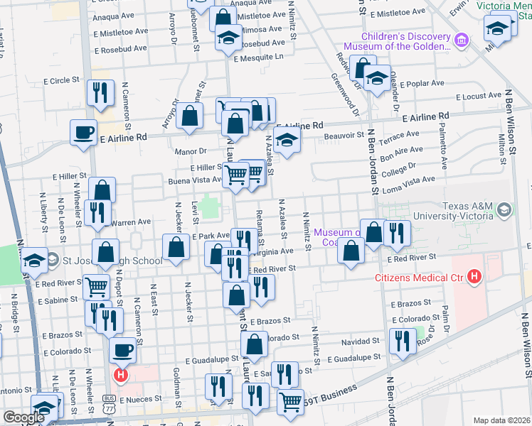 map of restaurants, bars, coffee shops, grocery stores, and more near 1404 East Warren Avenue in Victoria