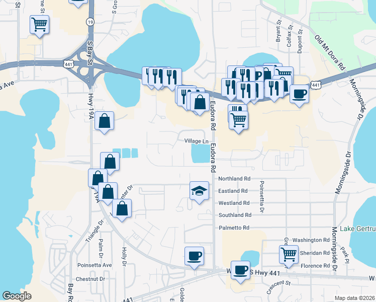 map of restaurants, bars, coffee shops, grocery stores, and more near 2108 Ken Court in Mount Dora