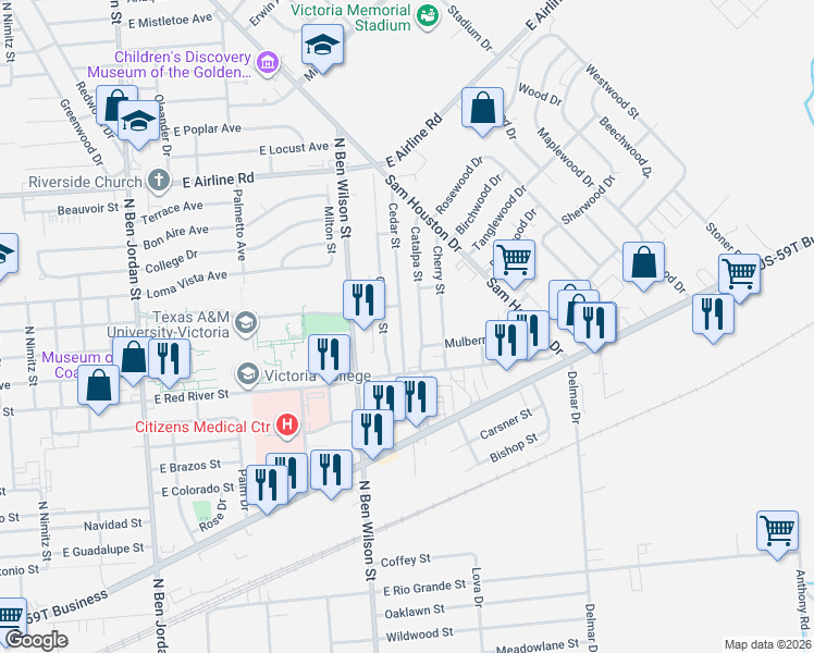 map of restaurants, bars, coffee shops, grocery stores, and more near 3006 Catalpa Street in Victoria