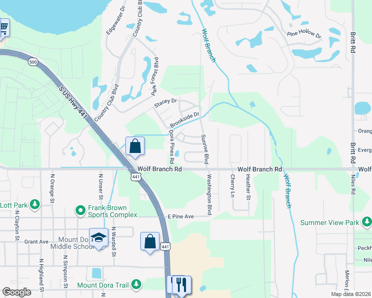 map of restaurants, bars, coffee shops, grocery stores, and more near 2121 Briarcliff Circle in Mount Dora