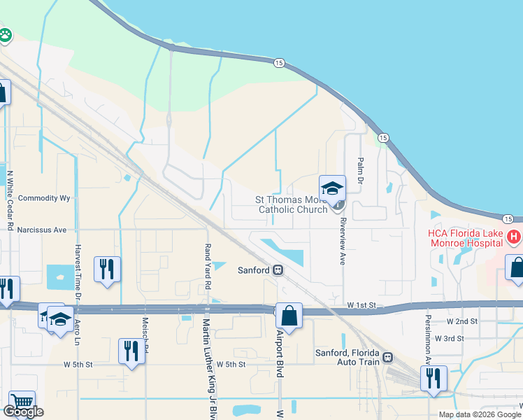 map of restaurants, bars, coffee shops, grocery stores, and more near 117 Wilson Bay Court in Sanford
