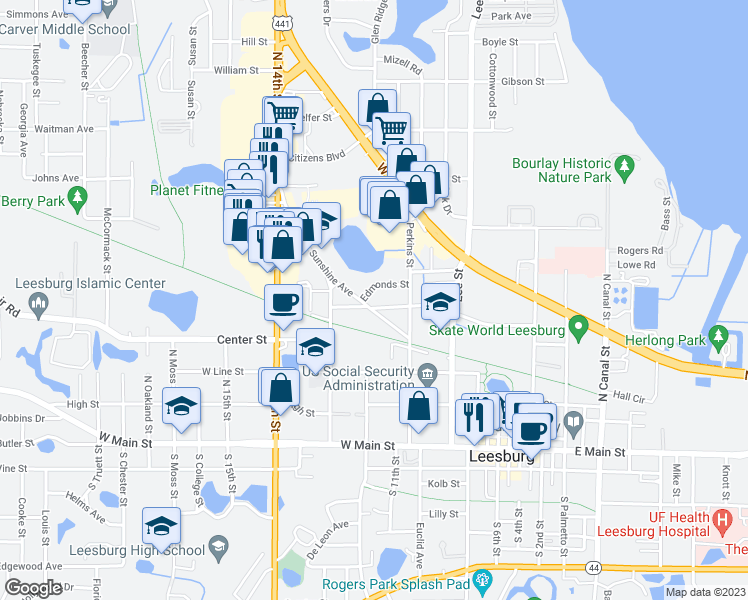 map of restaurants, bars, coffee shops, grocery stores, and more near 1124 Webster Street in Leesburg