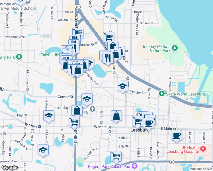 map of restaurants, bars, coffee shops, grocery stores, and more near 1124 Webster Street in Leesburg