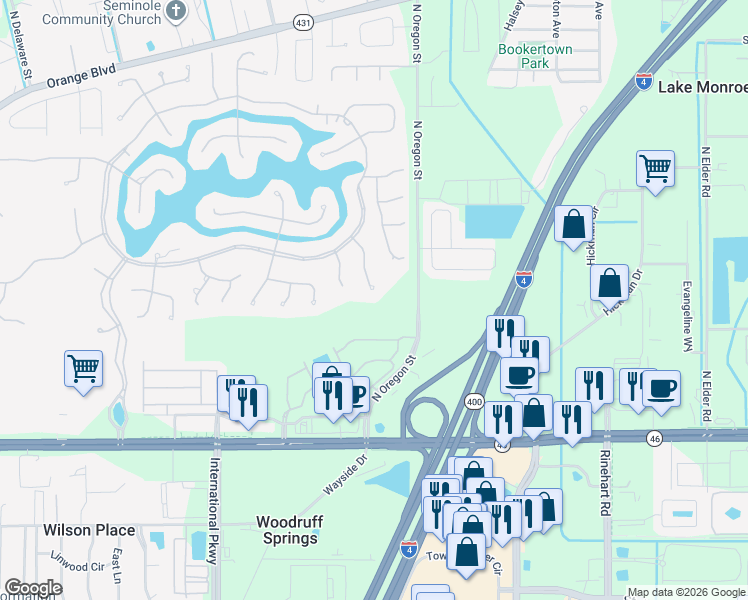 map of restaurants, bars, coffee shops, grocery stores, and more near 765 Whooping Crane Court in Sanford