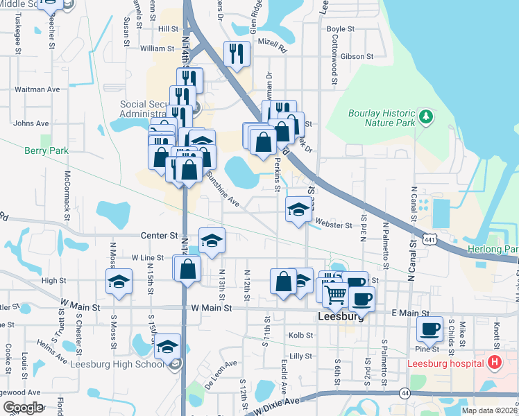 map of restaurants, bars, coffee shops, grocery stores, and more near 1124 Webster Street in Leesburg