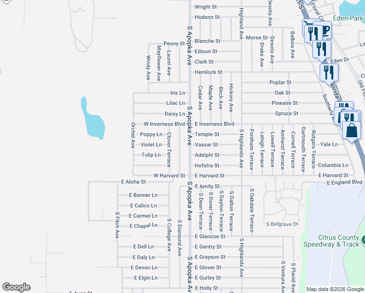 map of restaurants, bars, coffee shops, grocery stores, and more near 1137 South Apopka Avenue in Inverness