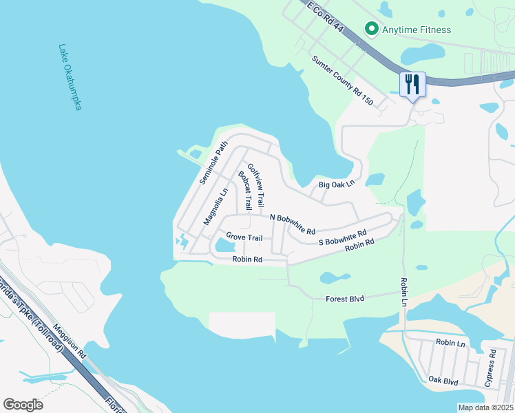 map of restaurants, bars, coffee shops, grocery stores, and more near 18 Bobcat Trail in Wildwood
