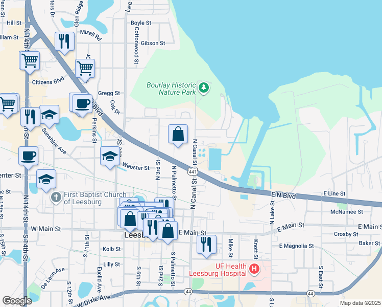 map of restaurants, bars, coffee shops, grocery stores, and more near 615 North Canal Street in Leesburg