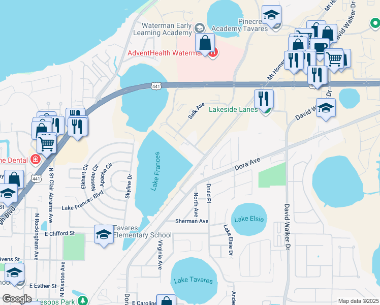 map of restaurants, bars, coffee shops, grocery stores, and more near 1761 Nightingale Lane in Tavares