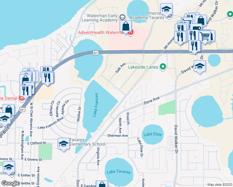 map of restaurants, bars, coffee shops, grocery stores, and more near 1761 Nightingale Lane in Tavares
