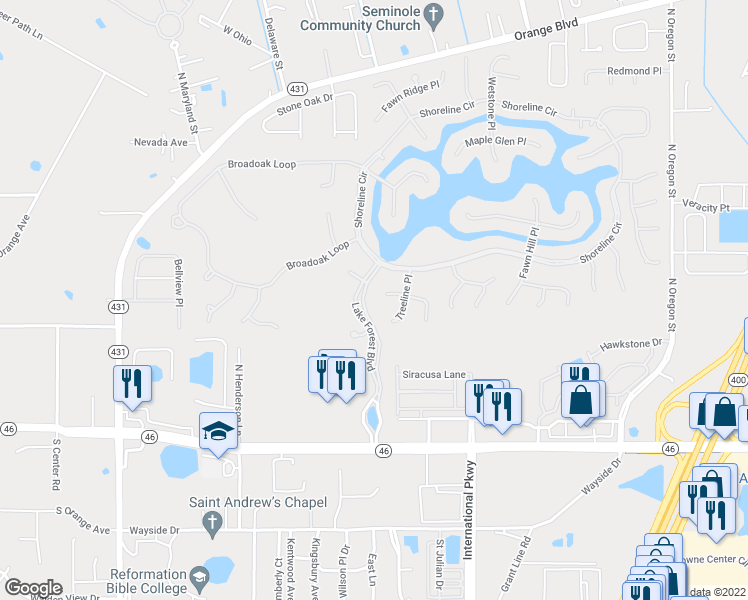 map of restaurants, bars, coffee shops, grocery stores, and more near 5397 Lake Bluff Terrace in Sanford