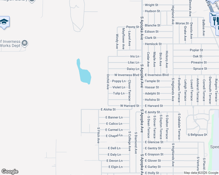 map of restaurants, bars, coffee shops, grocery stores, and more near 415 Violet Lane in Inverness