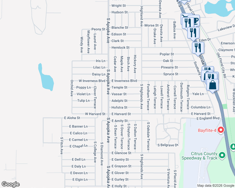 map of restaurants, bars, coffee shops, grocery stores, and more near 119 Vassar Street in Inverness