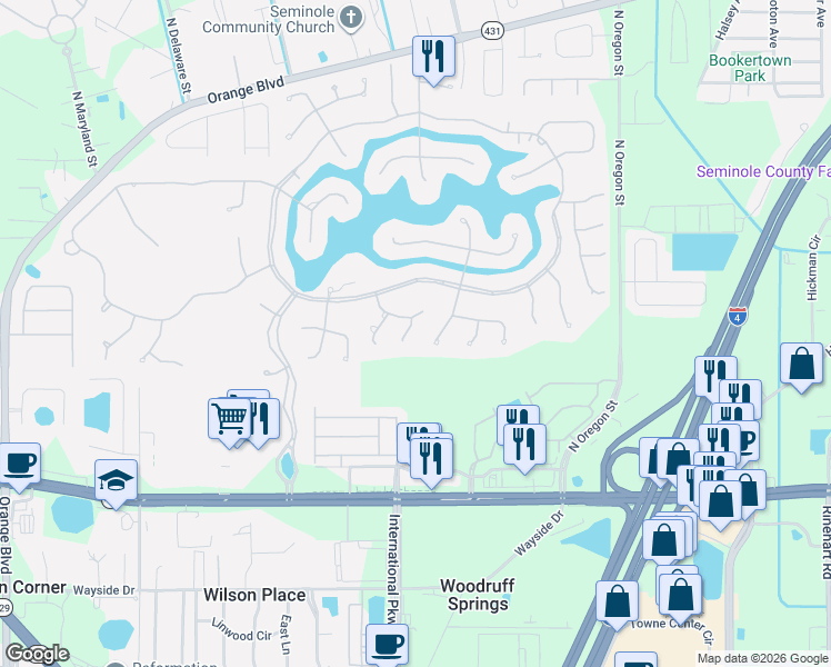 map of restaurants, bars, coffee shops, grocery stores, and more near 429 Fawn Hill Place in Sanford