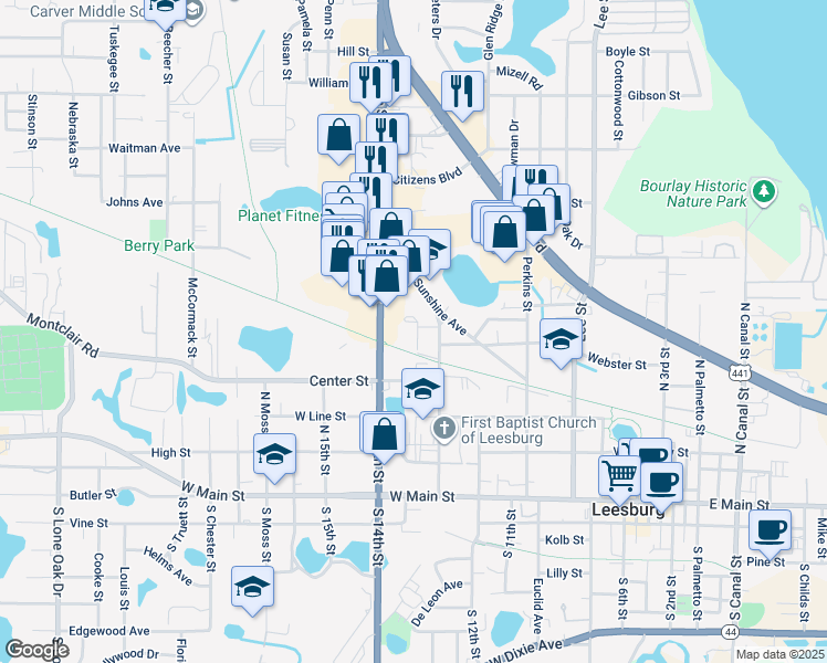 map of restaurants, bars, coffee shops, grocery stores, and more near 502 North 14th Street in Leesburg