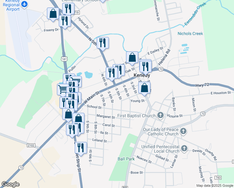 map of restaurants, bars, coffee shops, grocery stores, and more near 519 Tilden Street in Kenedy