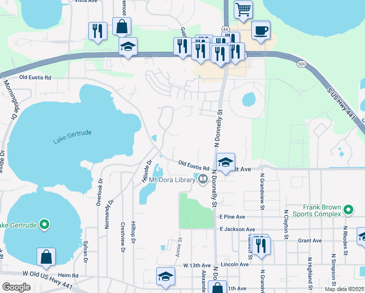 map of restaurants, bars, coffee shops, grocery stores, and more near 2116 Oak Leaf Circle in Mount Dora