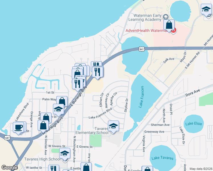map of restaurants, bars, coffee shops, grocery stores, and more near 1657 Elkhart Circle in Tavares