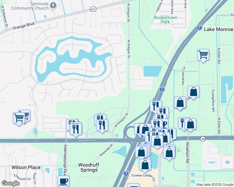 map of restaurants, bars, coffee shops, grocery stores, and more near 765 Whooping Crane Court in Sanford