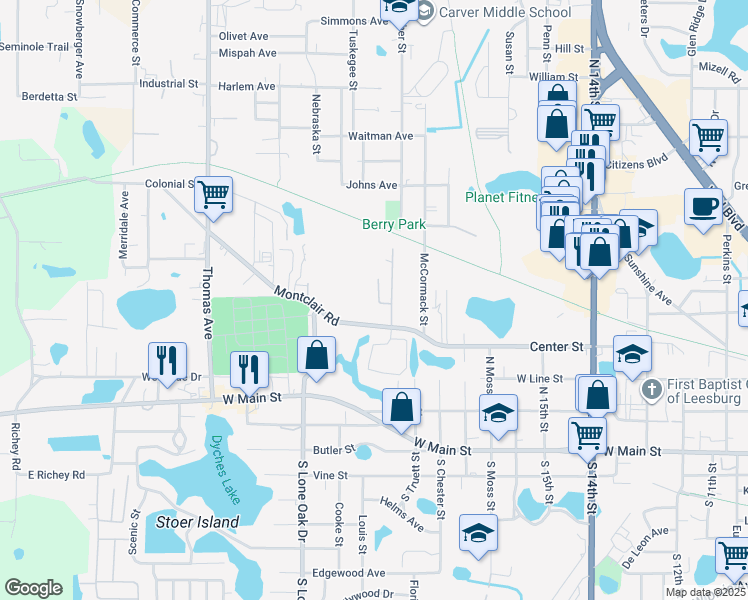 map of restaurants, bars, coffee shops, grocery stores, and more near 2055 Montclair Road in Leesburg