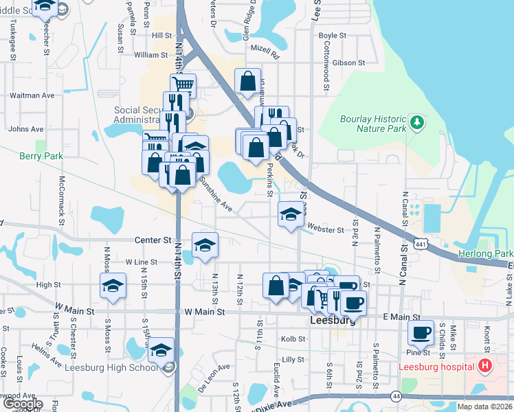 map of restaurants, bars, coffee shops, grocery stores, and more near 1103 Webster Street in Leesburg