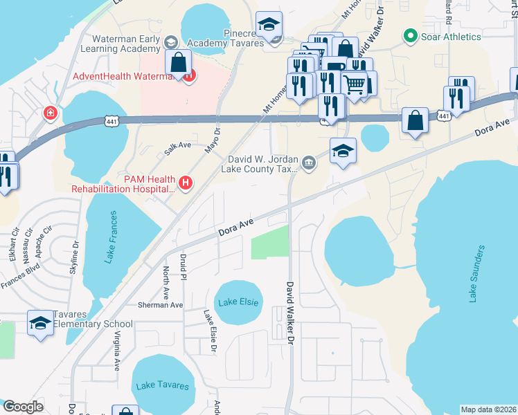 map of restaurants, bars, coffee shops, grocery stores, and more near 1951 Dora Avenue in Tavares