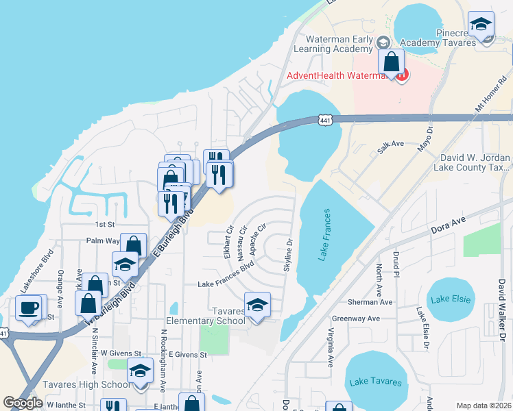map of restaurants, bars, coffee shops, grocery stores, and more near 1563 Nassau Circle in Tavares