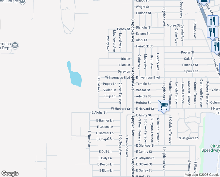 map of restaurants, bars, coffee shops, grocery stores, and more near 313 Violet Lane in Inverness