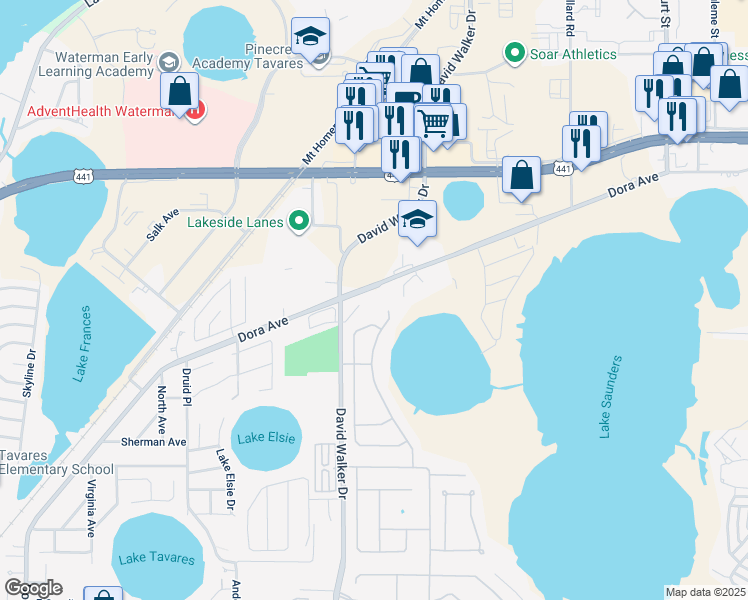 map of restaurants, bars, coffee shops, grocery stores, and more near 2232 Dora Avenue in Tavares
