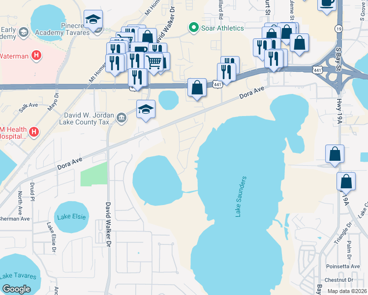 map of restaurants, bars, coffee shops, grocery stores, and more near 1702 Lake Villa Drive in Tavares