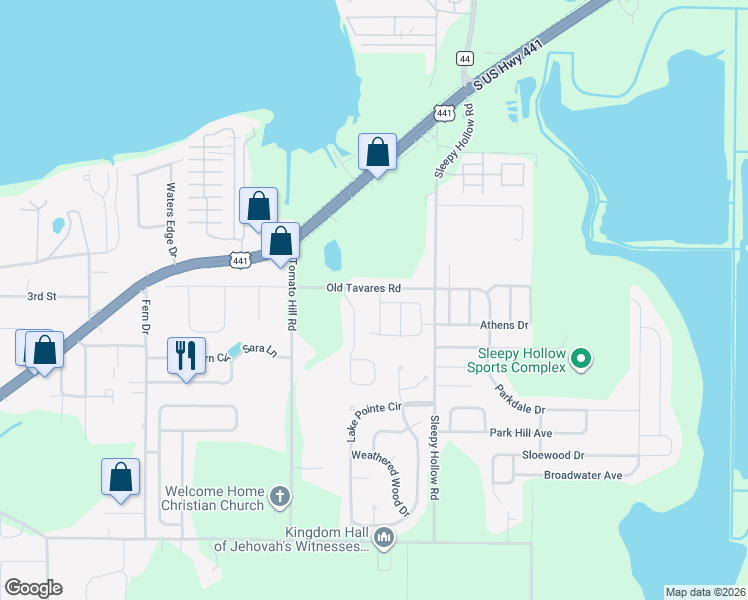 map of restaurants, bars, coffee shops, grocery stores, and more near 2220 Old Tavares Road in Leesburg