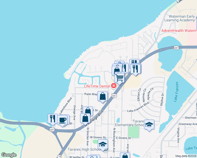 map of restaurants, bars, coffee shops, grocery stores, and more near 205 West Delaware Street in Tavares