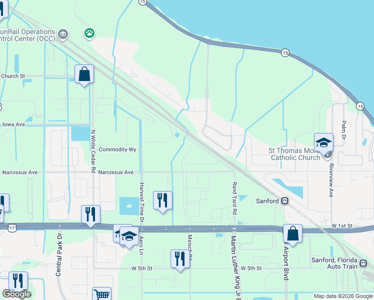 map of restaurants, bars, coffee shops, grocery stores, and more near 135 Walnut Crest Run in Sanford