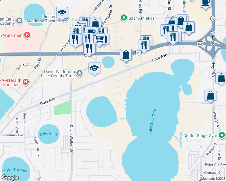 map of restaurants, bars, coffee shops, grocery stores, and more near 2741 Bay Lagoon Way in Tavares