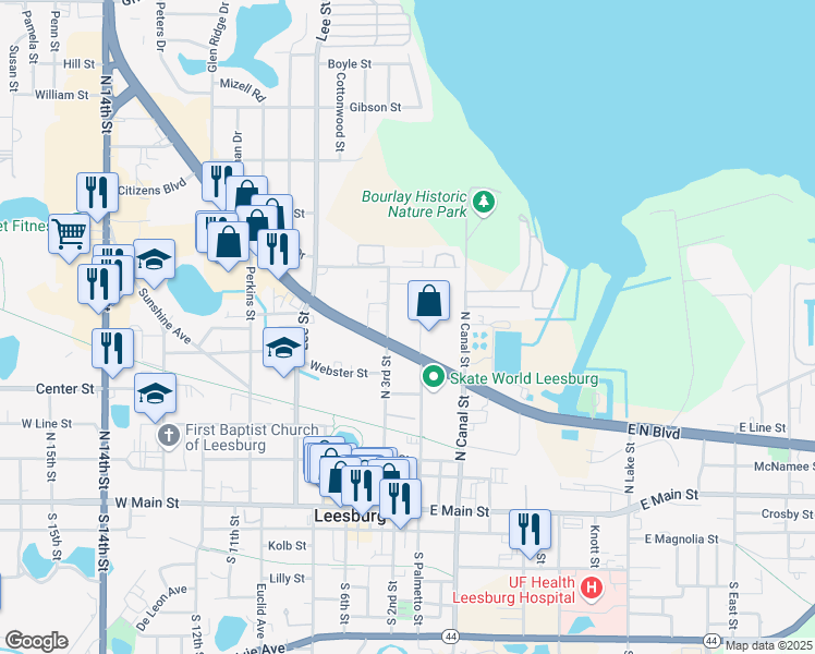map of restaurants, bars, coffee shops, grocery stores, and more near 701 North Palmetto Street in Leesburg