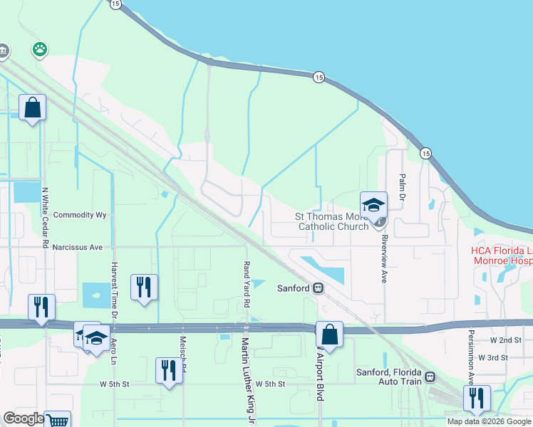 map of restaurants, bars, coffee shops, grocery stores, and more near 275 Willowbay Ridge Street in Sanford
