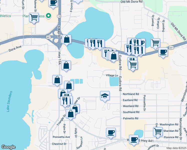 map of restaurants, bars, coffee shops, grocery stores, and more near 3501 Calgary Lane in Mount Dora