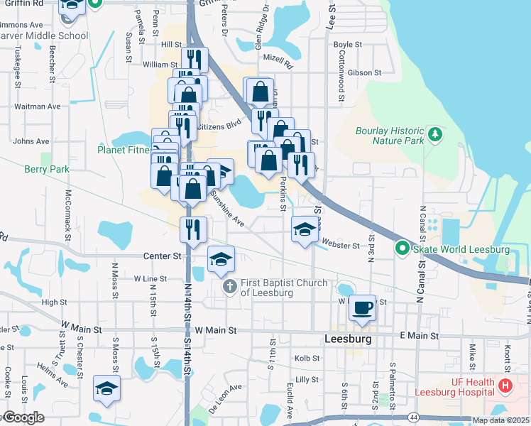map of restaurants, bars, coffee shops, grocery stores, and more near 1112 Edmonds Street in Leesburg