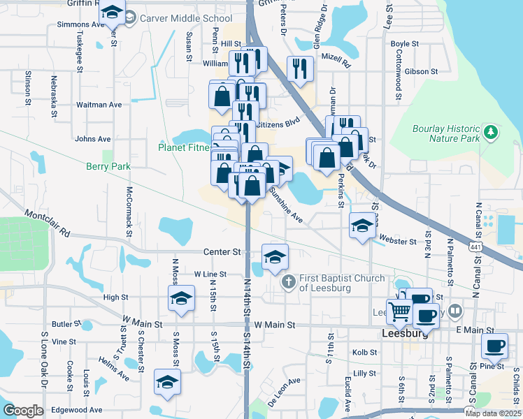 map of restaurants, bars, coffee shops, grocery stores, and more near 10 Cauthen Circle in Leesburg