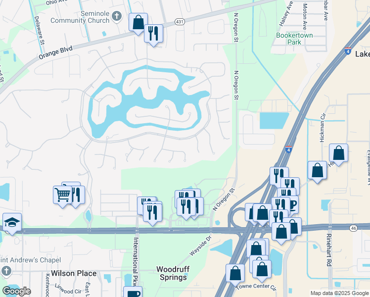 map of restaurants, bars, coffee shops, grocery stores, and more near 5234 Forest Edge Court in Sanford