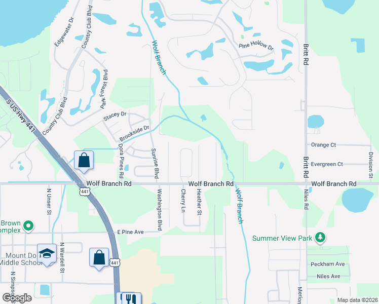 map of restaurants, bars, coffee shops, grocery stores, and more near 2211 Wolf Ridge Lane in Mount Dora