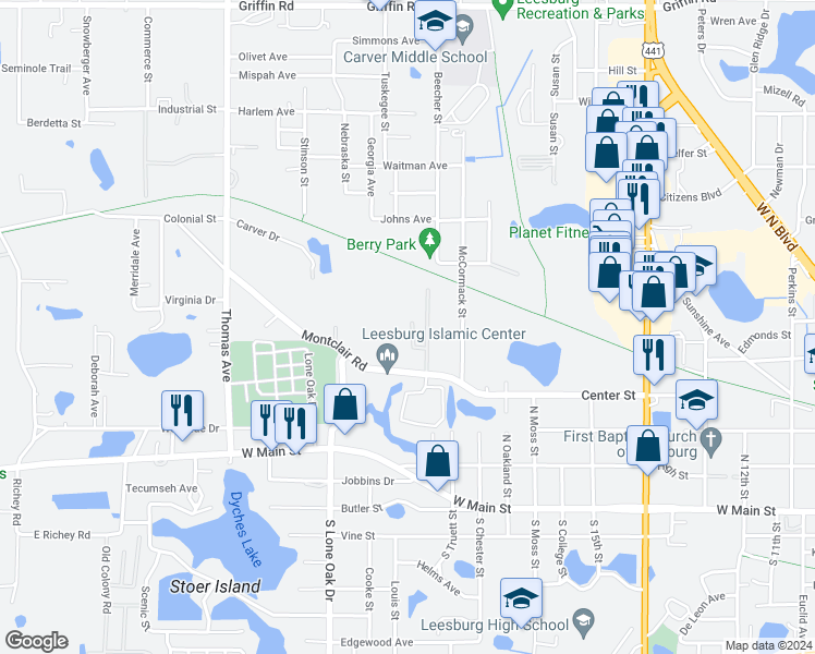 map of restaurants, bars, coffee shops, grocery stores, and more near 2051 Montclair Road in Leesburg