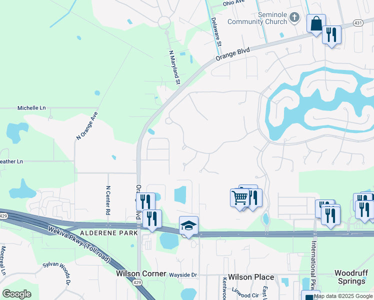 map of restaurants, bars, coffee shops, grocery stores, and more near 5459 Sandy Ridge Court in Sanford