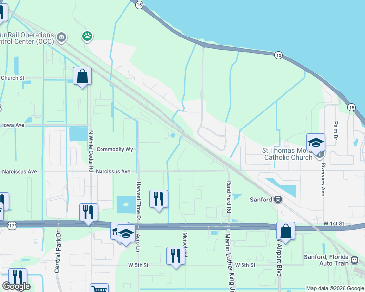 map of restaurants, bars, coffee shops, grocery stores, and more near 135 Walnut Crest Run in Sanford