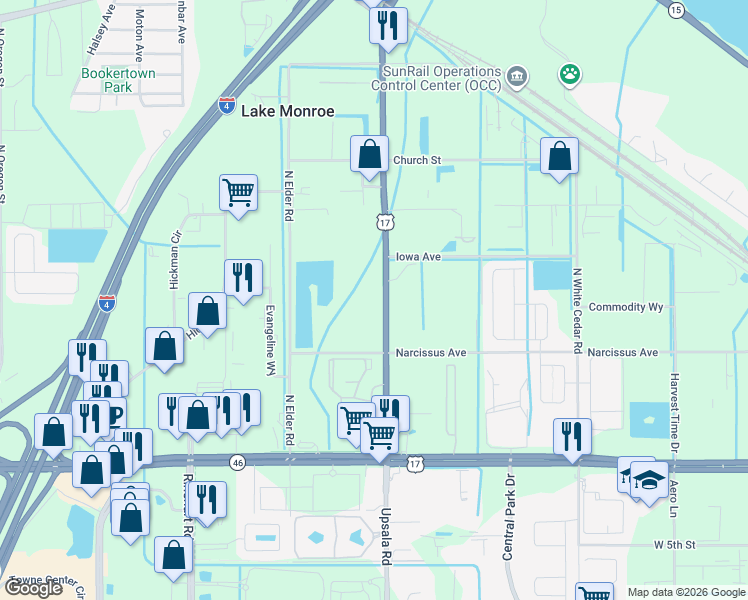 map of restaurants, bars, coffee shops, grocery stores, and more near 420 Monroe Road in Sanford