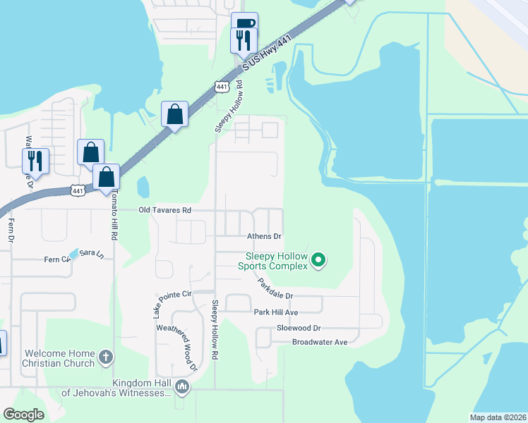 map of restaurants, bars, coffee shops, grocery stores, and more near 2771 Athens Drive in Leesburg
