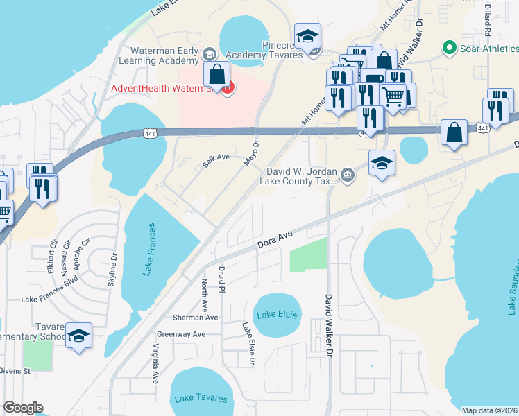 map of restaurants, bars, coffee shops, grocery stores, and more near 1719 Tropical Court in Tavares