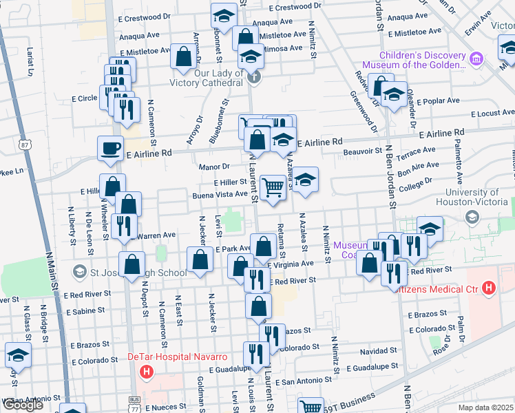 map of restaurants, bars, coffee shops, grocery stores, and more near 2500 North Laurent Street in Victoria