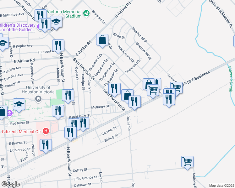 map of restaurants, bars, coffee shops, grocery stores, and more near 212 Sam Houston Drive in Victoria